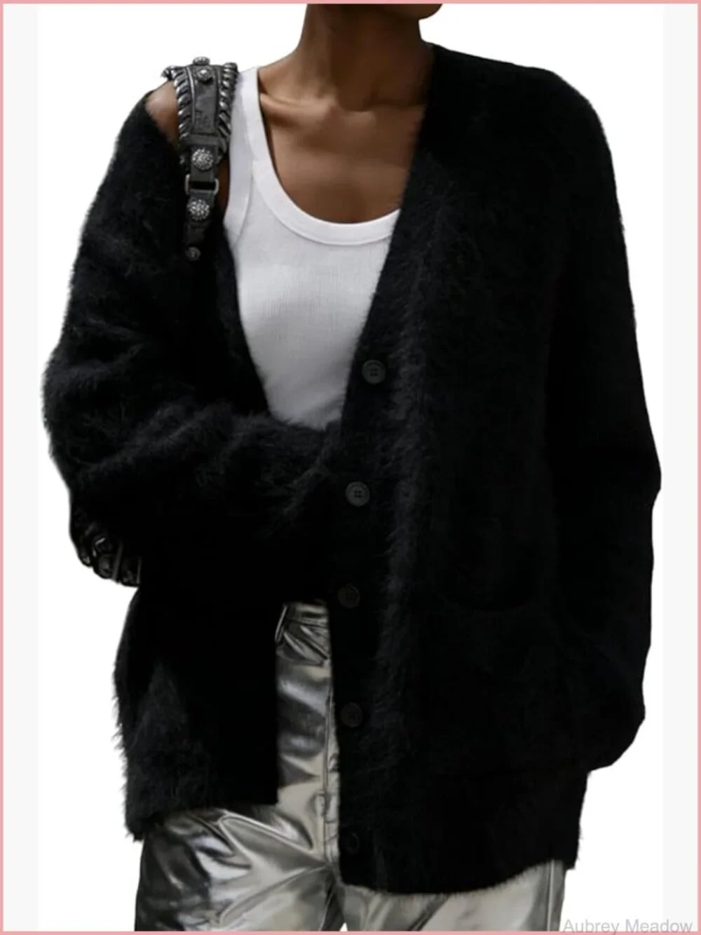 Fuzzy V-Neck Cardigan Sweater with Pockets Button Down Knit Coat